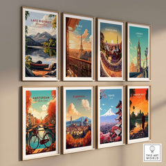 Lake District Art Print displayed among various city art prints in a stylish gallery wall.