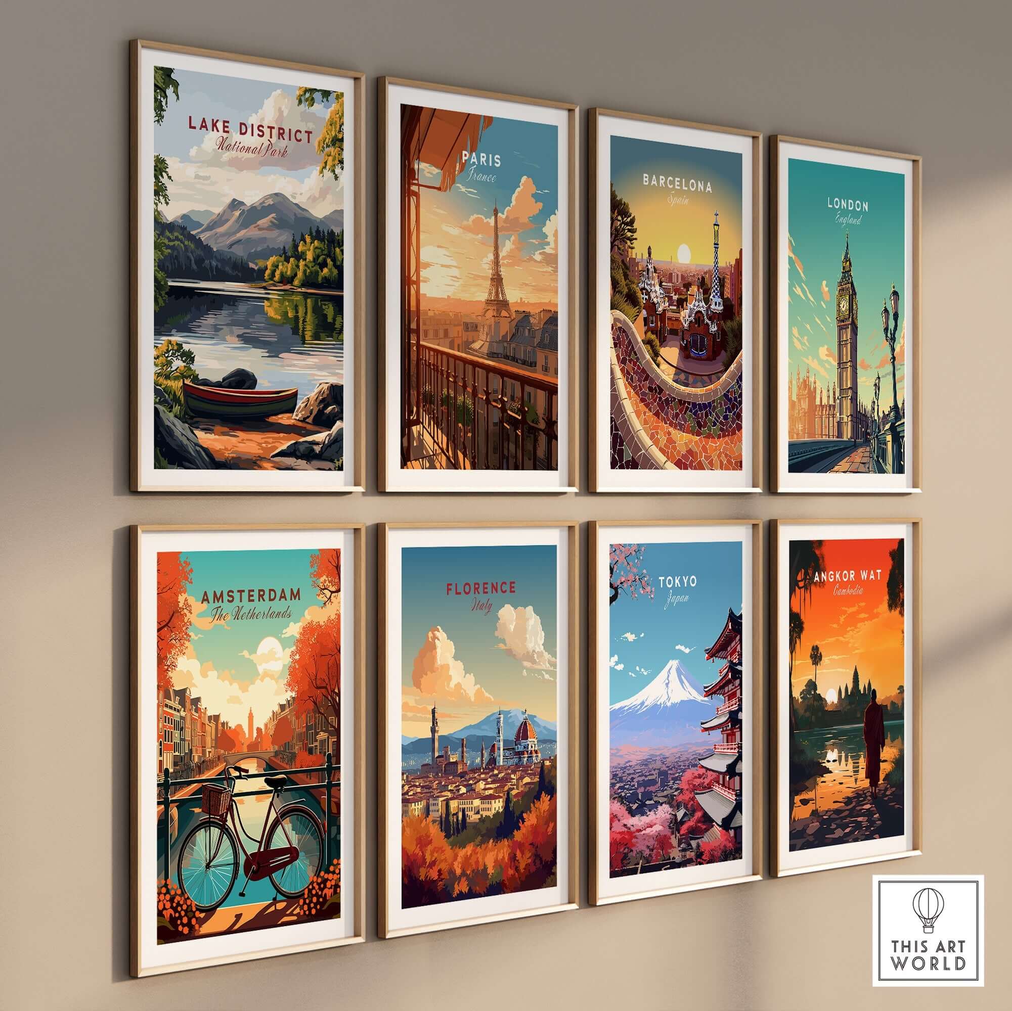 Lake District Art Print displayed among various city art prints in a stylish gallery wall.