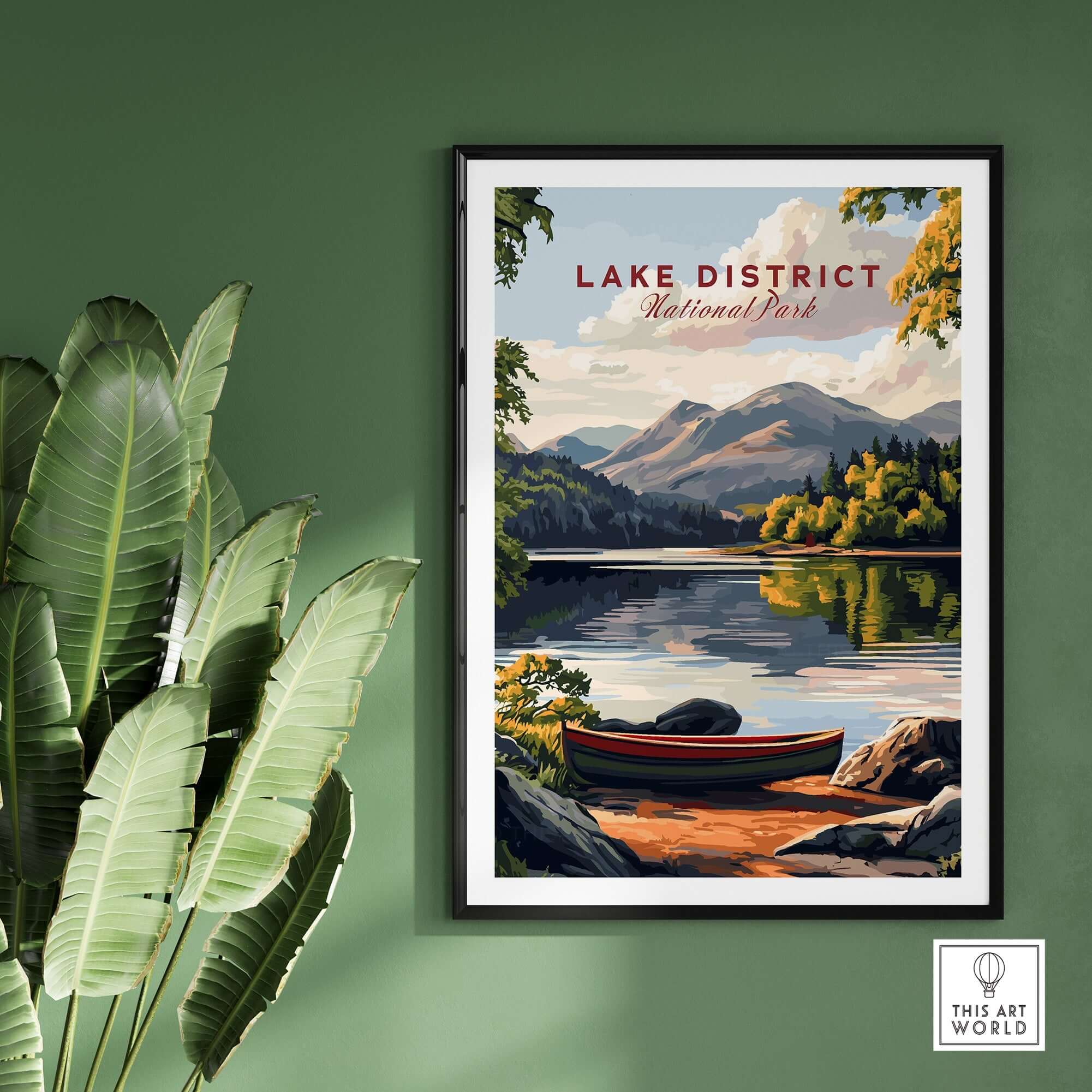 Lake District Art Print showcasing tranquil lakes and mountains in vibrant colors, perfect for nature lovers.
