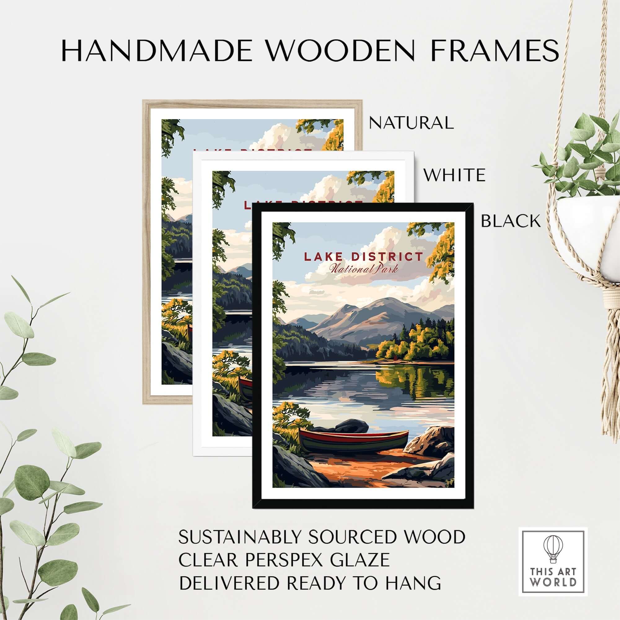 Lake District Art Print displayed in handmade wooden frames in natural, white, and black options, featuring serene lake scenery.