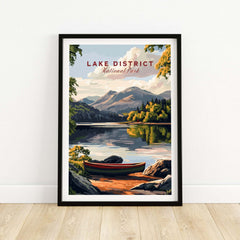Lake District Art Print showcasing a peaceful lake scene with mountains and a boat, perfect for home decor.