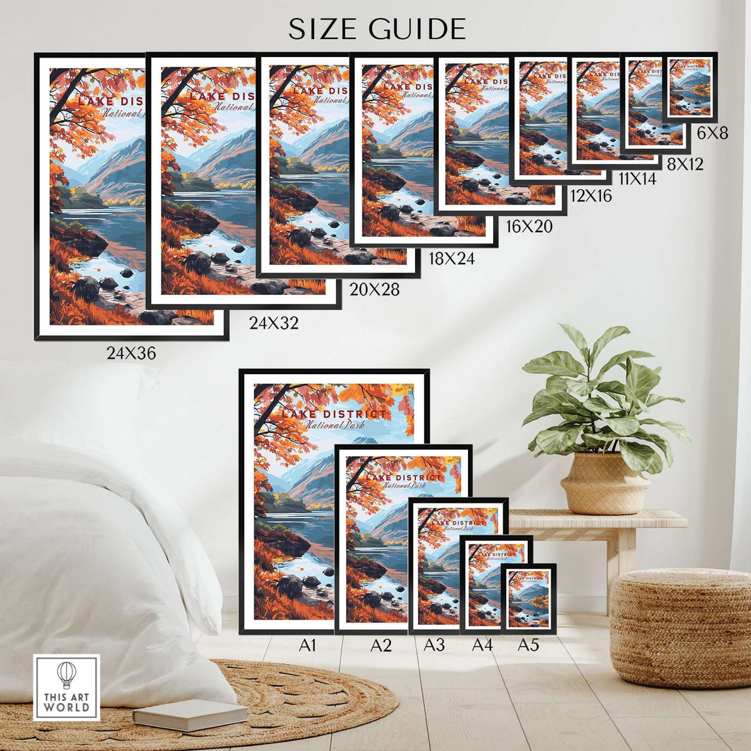 Size guide for Lake District England poster showcasing various frame sizes and designs in a stylish interior setting.