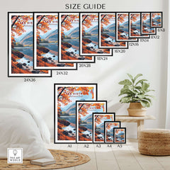 Lake District England Poster size guide showcasing various frame sizes in a stylish home setting.