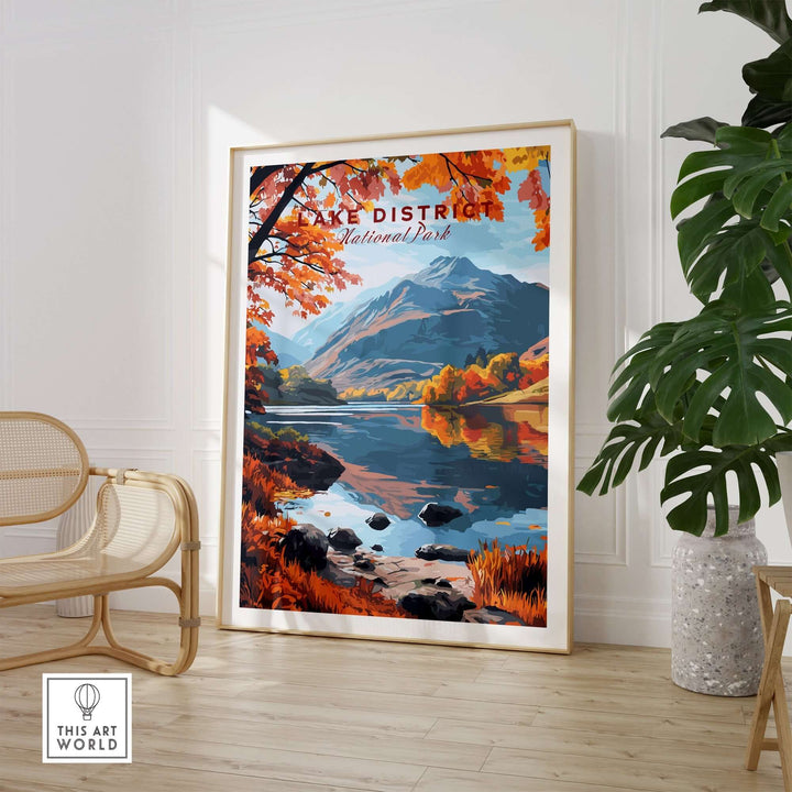 Lake District England poster showcasing vibrant autumn colors and serene lake reflections in a stylish home setting.