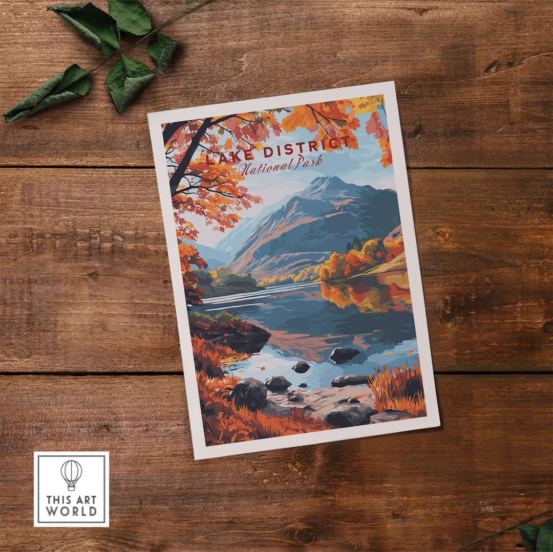 Lake District England poster showcasing autumn colors, mountains, and a serene lake on a rustic wooden background.