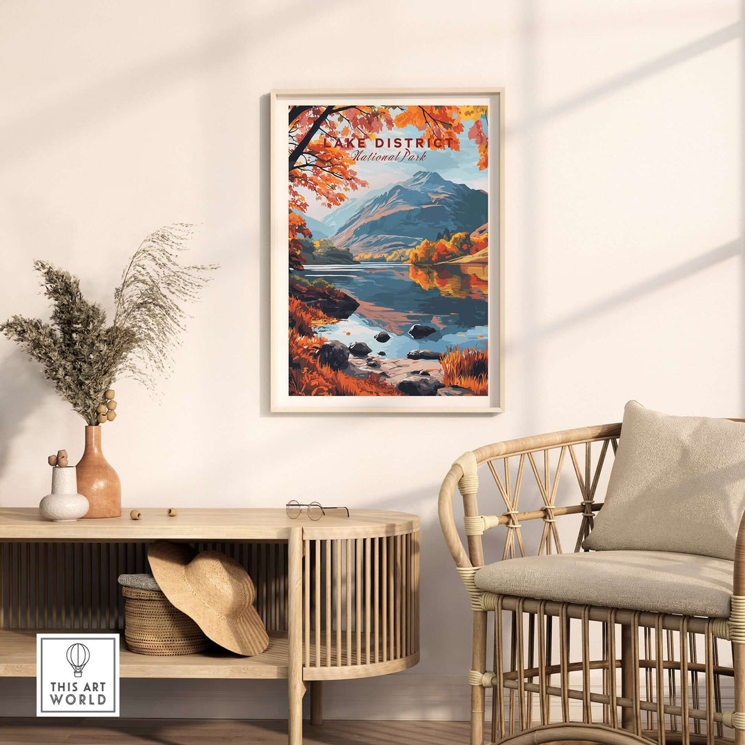 Lake District England poster showcasing mountains and autumn foliage in a stylish room setting.