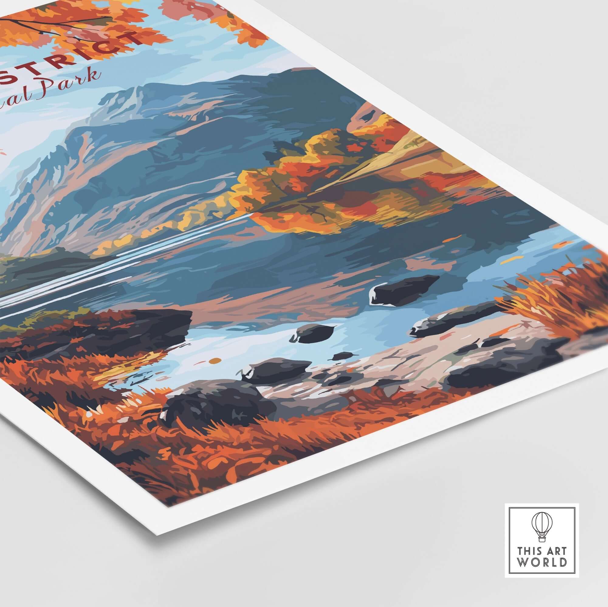 Lake District England Poster showcasing vibrant autumn scenery with mountains and reflective lake.