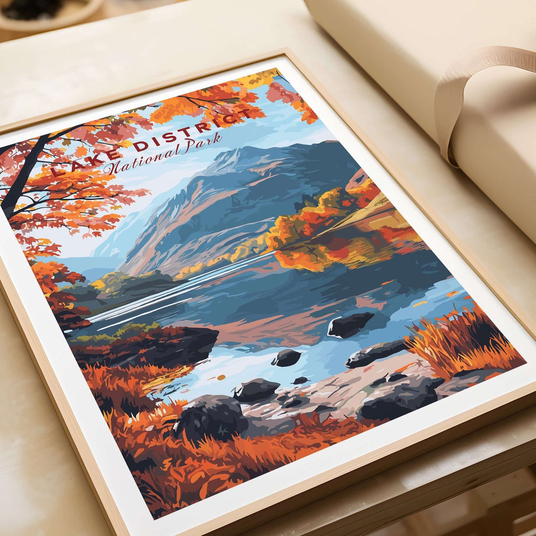 Lake District National Park poster featuring autumn colors, mountains, and serene lake view in a stylish frame.