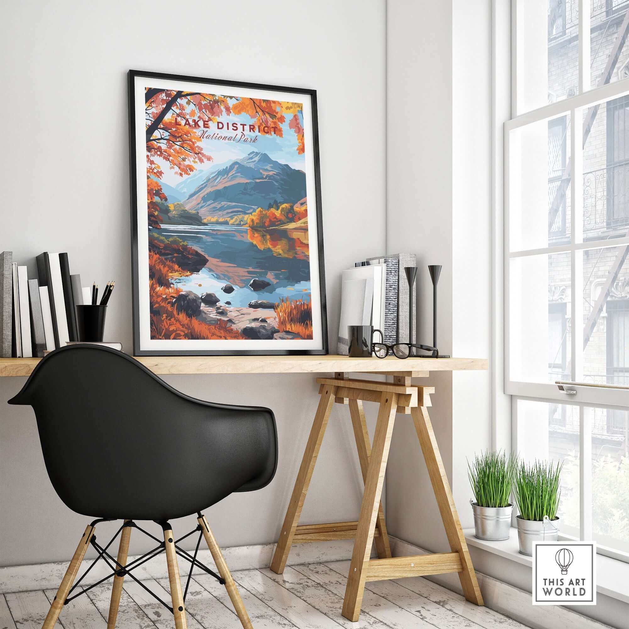 Lake District England Poster beautifully framed and displayed in a modern workspace setting.