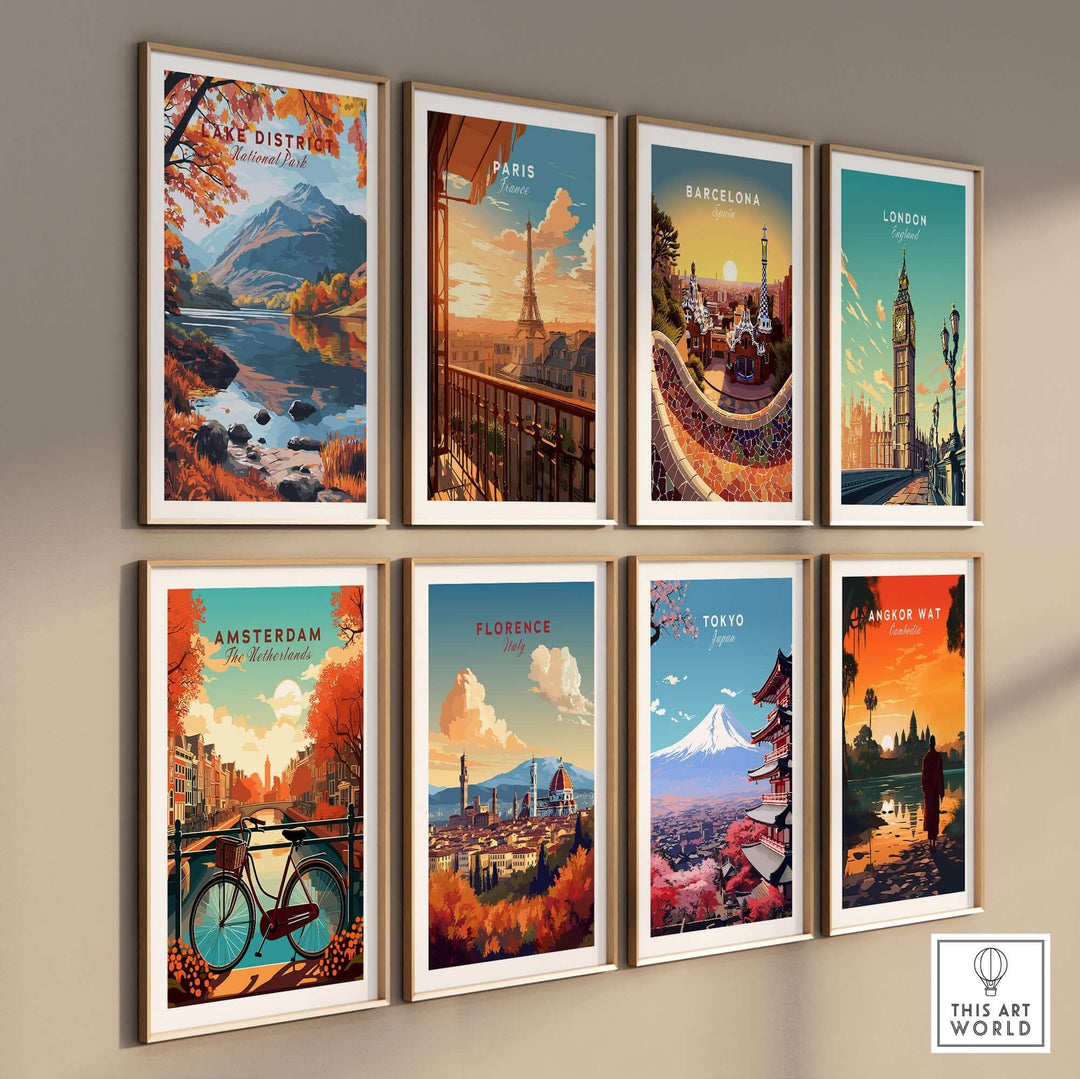 Gallery of travel posters including Lake District, Paris, Barcelona, London, Amsterdam, Florence, Tokyo, and Angkor Wat.