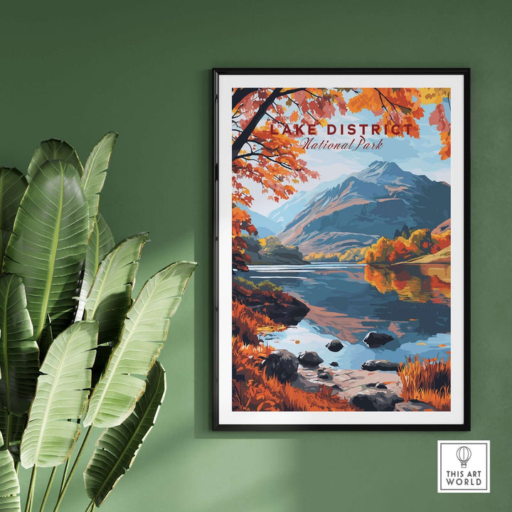 Stylish Lake District England poster showcasing vibrant autumn scenery and tranquil waters, perfect for home decor.