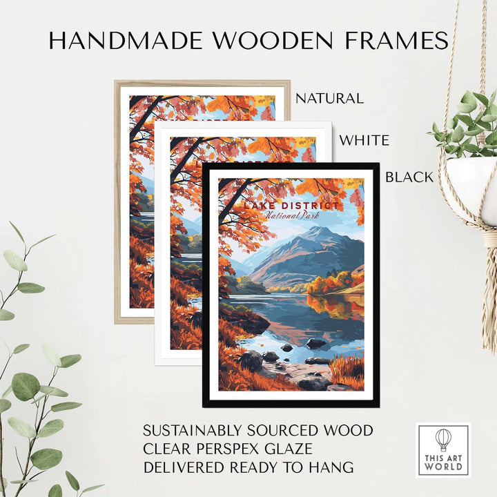 Handmade wooden frames in natural, white, and black for Lake District poster, made from sustainably sourced wood. Ready to hang.