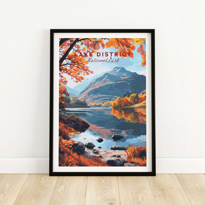 Lake District National Park poster featuring autumn foliage, mountains, and serene lake reflection in a stylish frame.