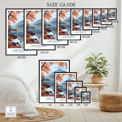 Size guide for different dimensions of Lake District England Print showcasing scenic beauty.