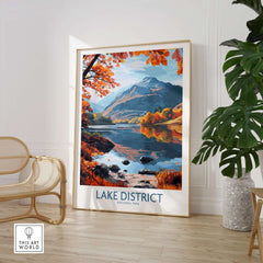 Lake District England Print showcasing scenic mountain view with autumn colors and tranquil reflection in water.