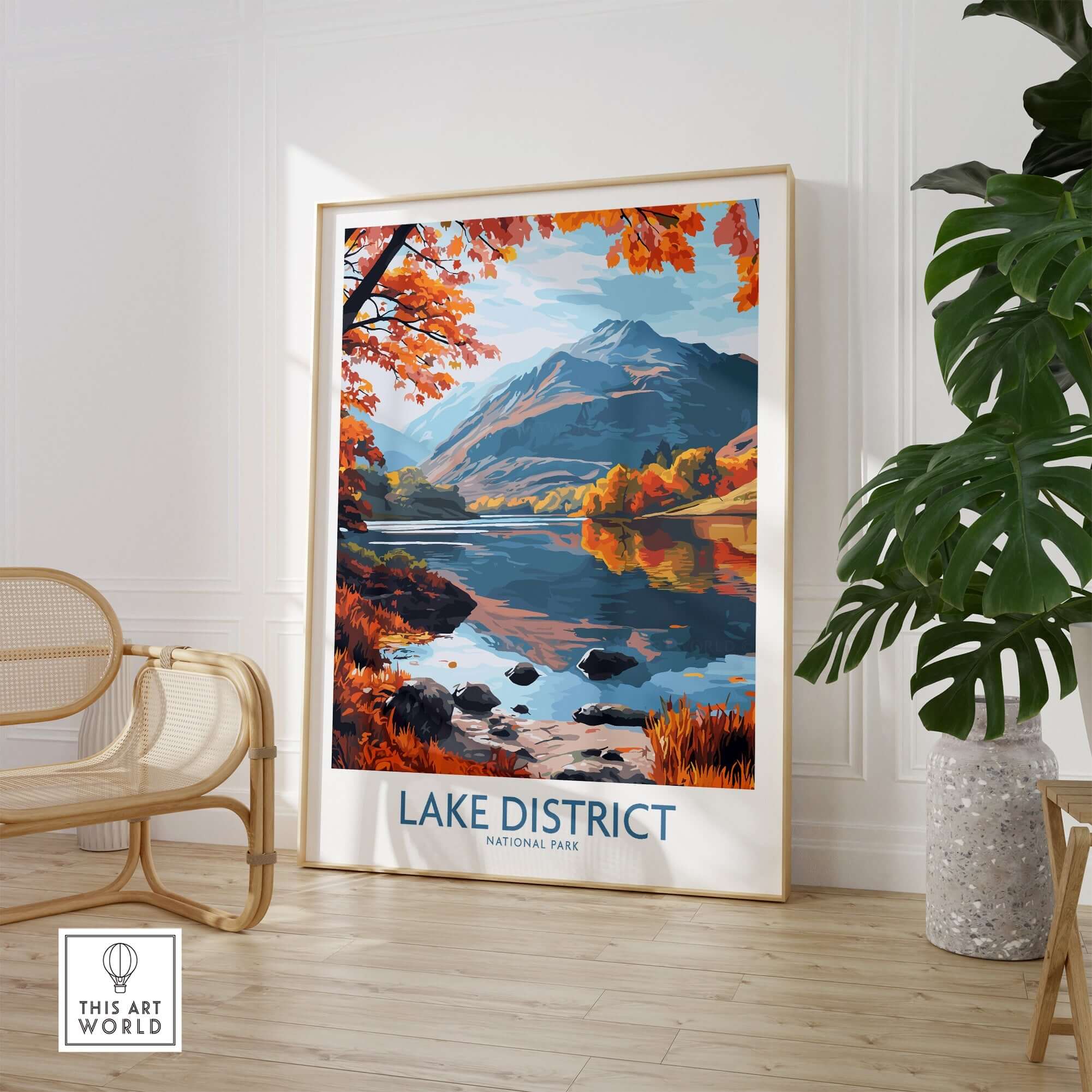 Lake District England Print showcasing scenic mountain view with autumn colors and tranquil reflection in water.