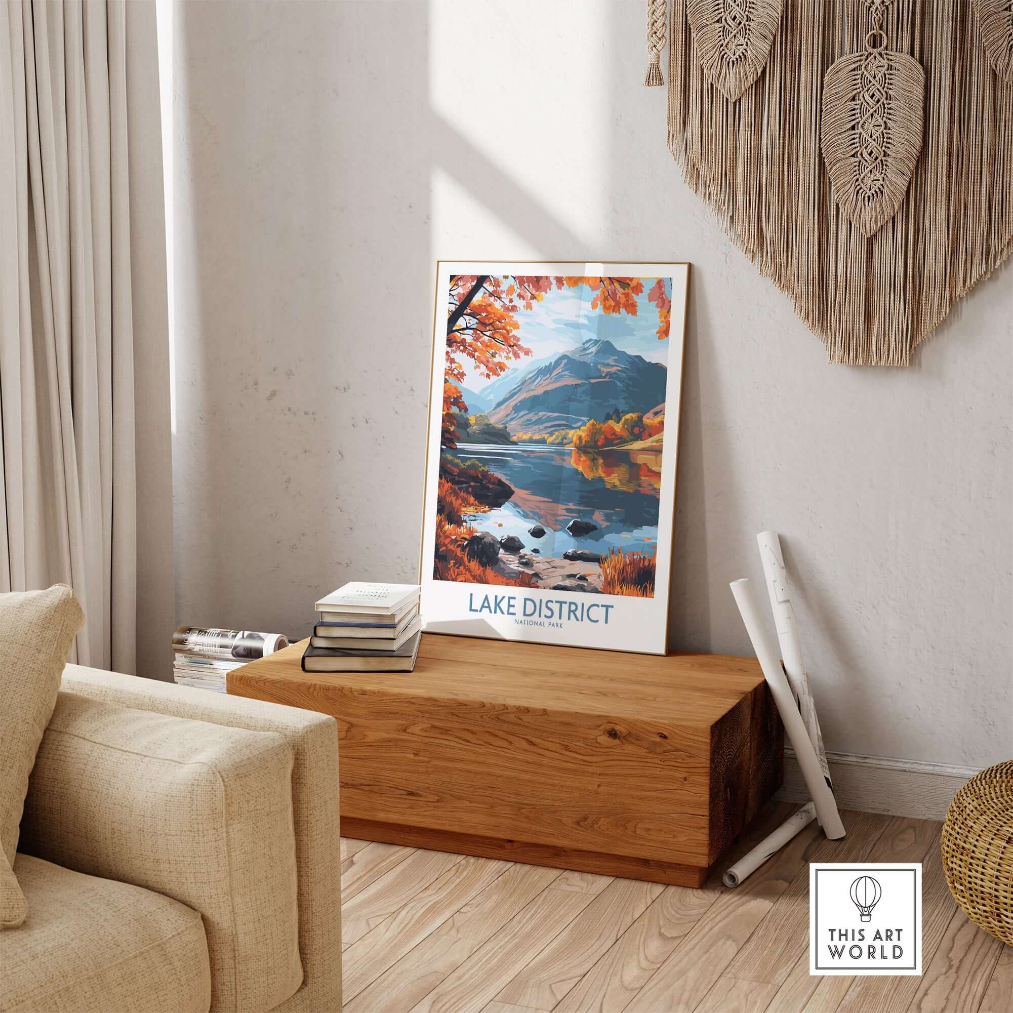 Lake District England Print displayed in a cozy living room with scenic autumn landscape.