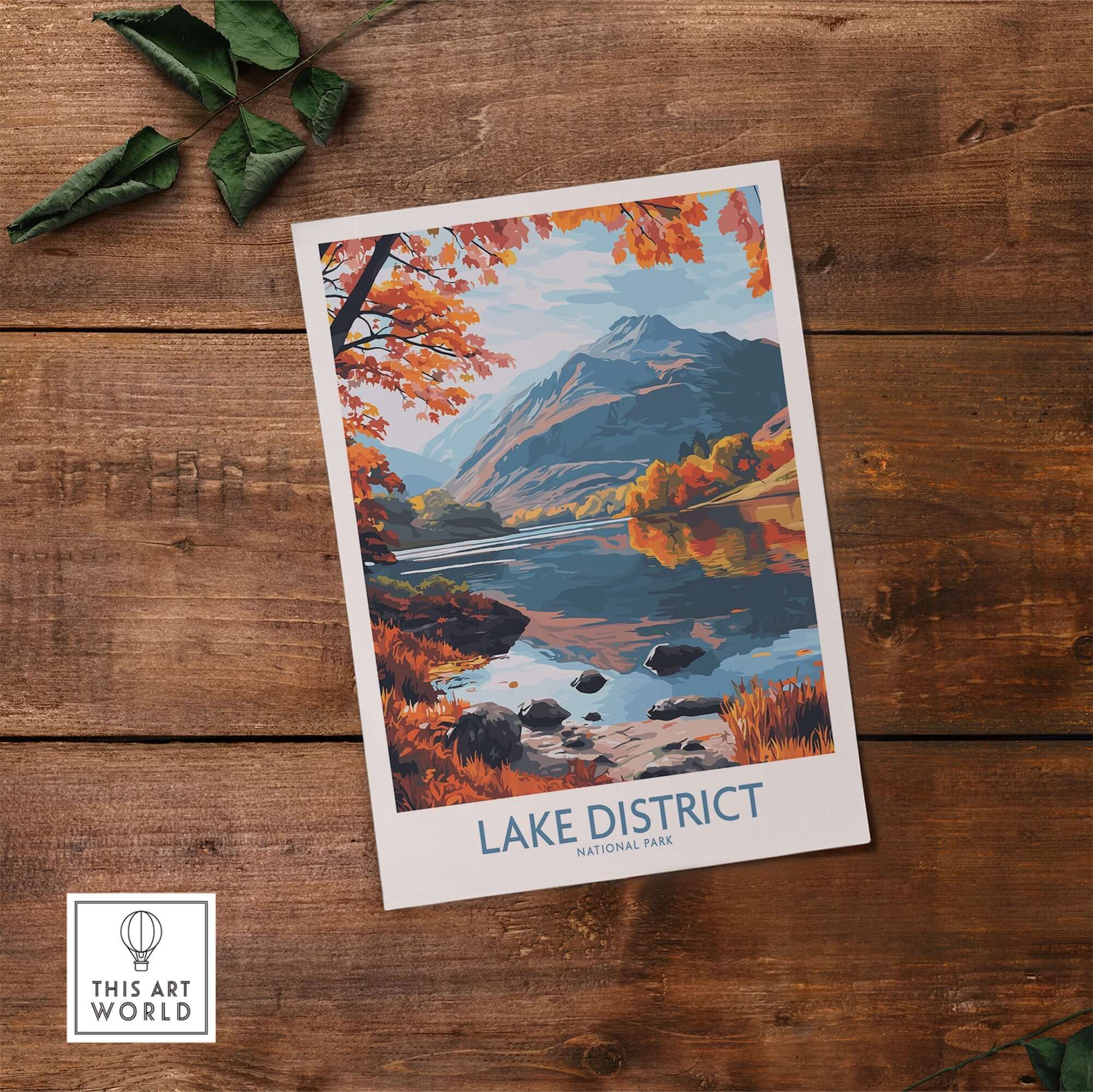 Lake District England Print featuring a vibrant autumn scene over tranquil waters in the national park.
