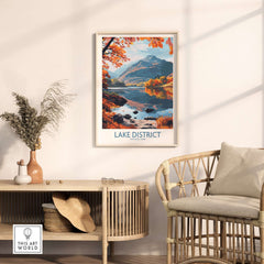 Lake District England Print showcasing tranquil lakes and colorful landscapes in a stylish home setting.