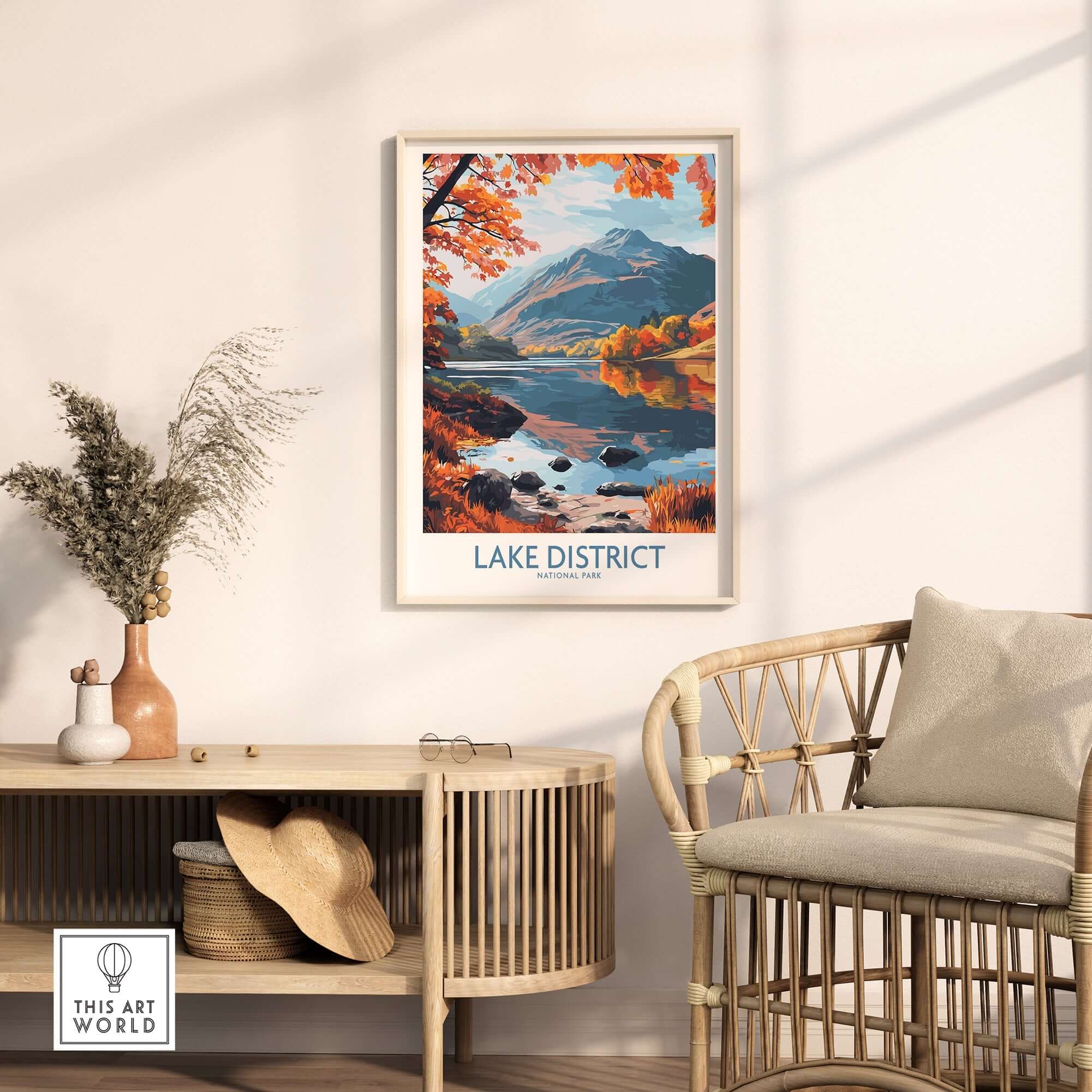Lake District England Print showcasing tranquil lakes and colorful landscapes in a stylish home setting.
