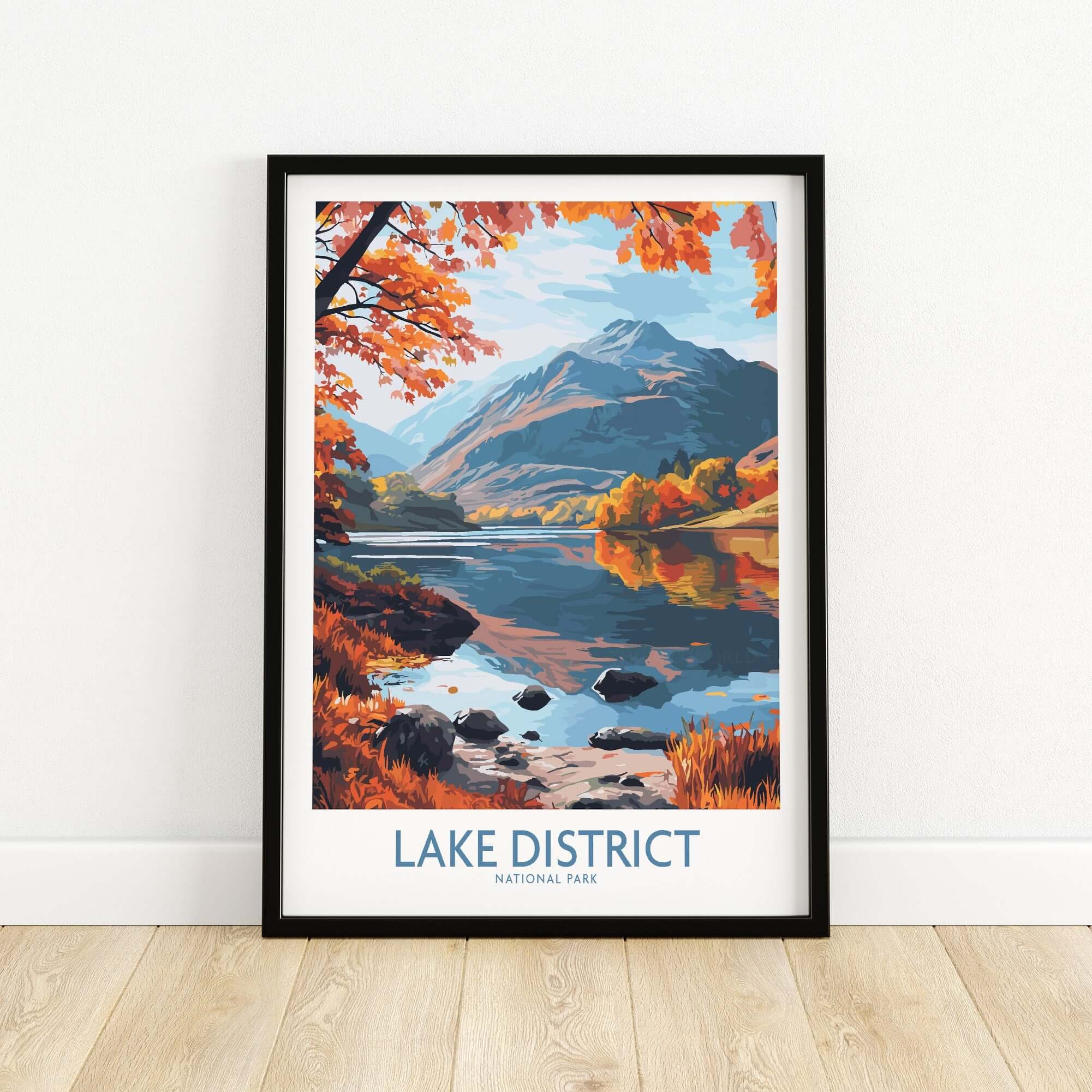 Lake District England Print showcasing autumn landscapes and tranquil lakes in a beautiful framed artwork.