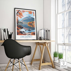 Lake District England Print displayed in a modern office setting with a stylish chair and desk.