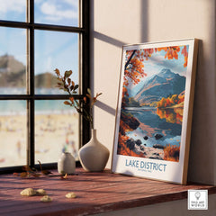 Lake District England Print displayed indoors with autumn colors and tranquil landscape scenery.