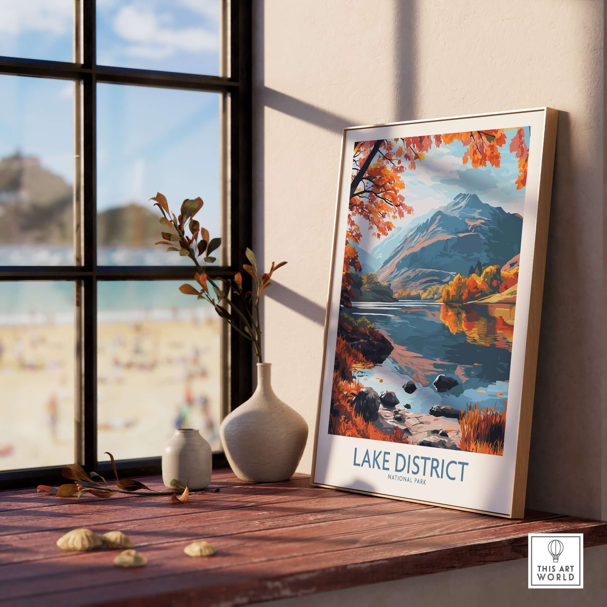 Lake District England Print displayed indoors with autumn colors and tranquil landscape scenery.