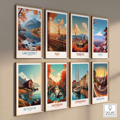 Lake District England Print showcasing scenic artwork among international city prints on a wall.