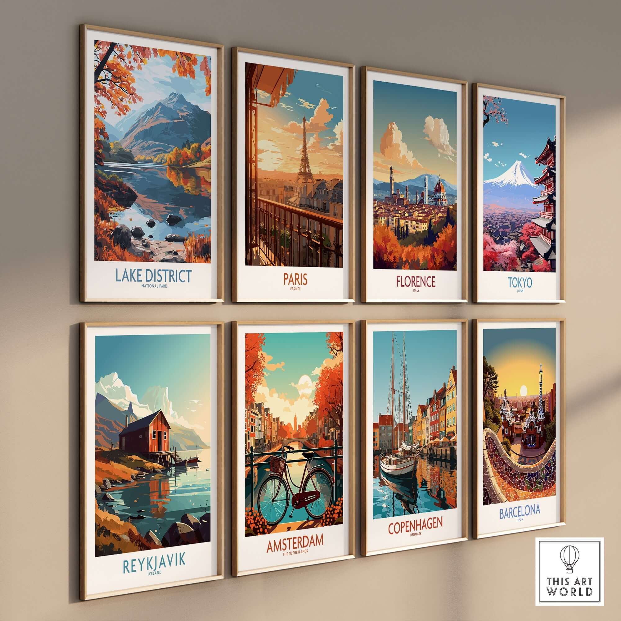 Lake District England Print showcasing scenic artwork among international city prints on a wall.