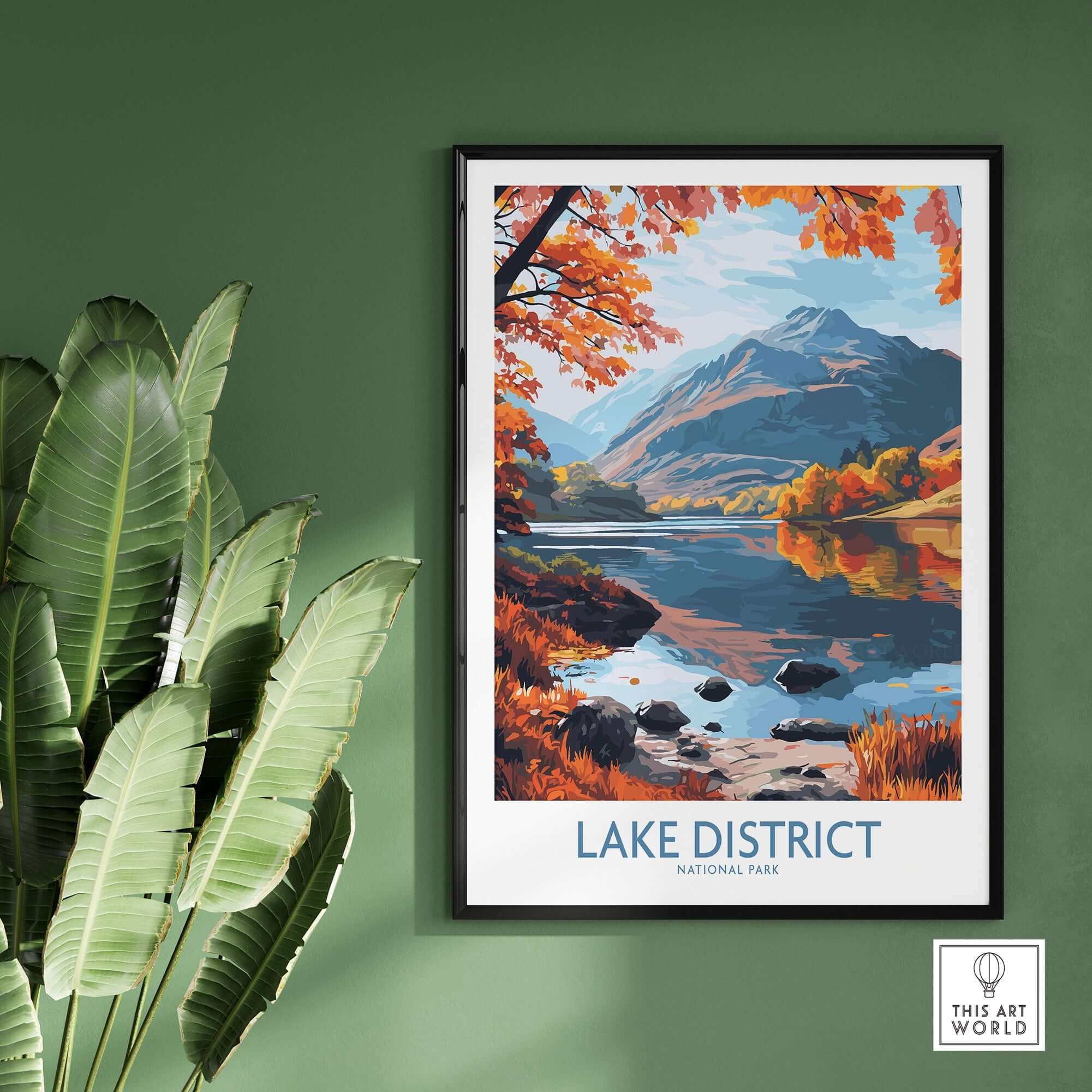 Lake District England Print showcasing vibrant fall colors and reflection on tranquil water in a stylish home setting.