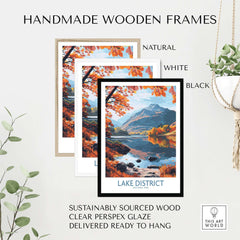 Handmade wooden frames featuring a Lake District England Print, available in natural, white, and black finishes.