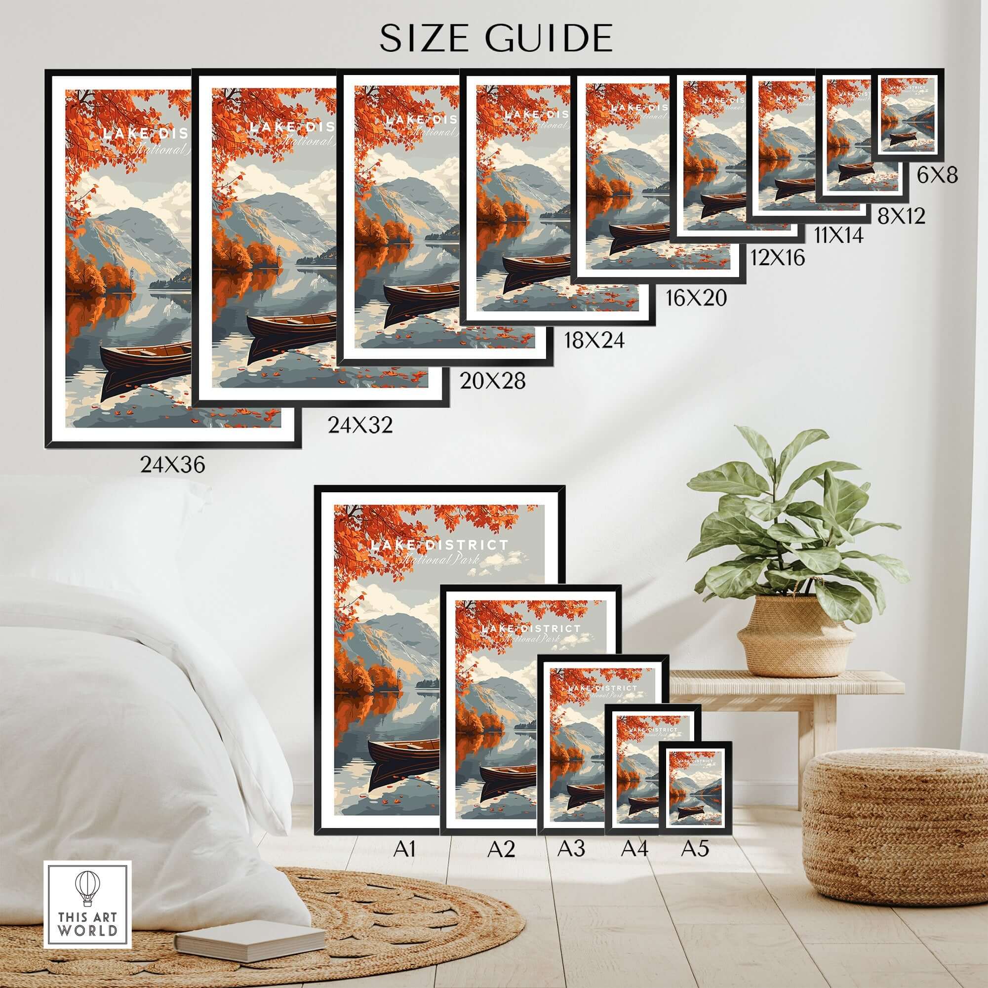 Lake District England Travel Poster size guide with various frame sizes and options displayed in a cozy room setting.