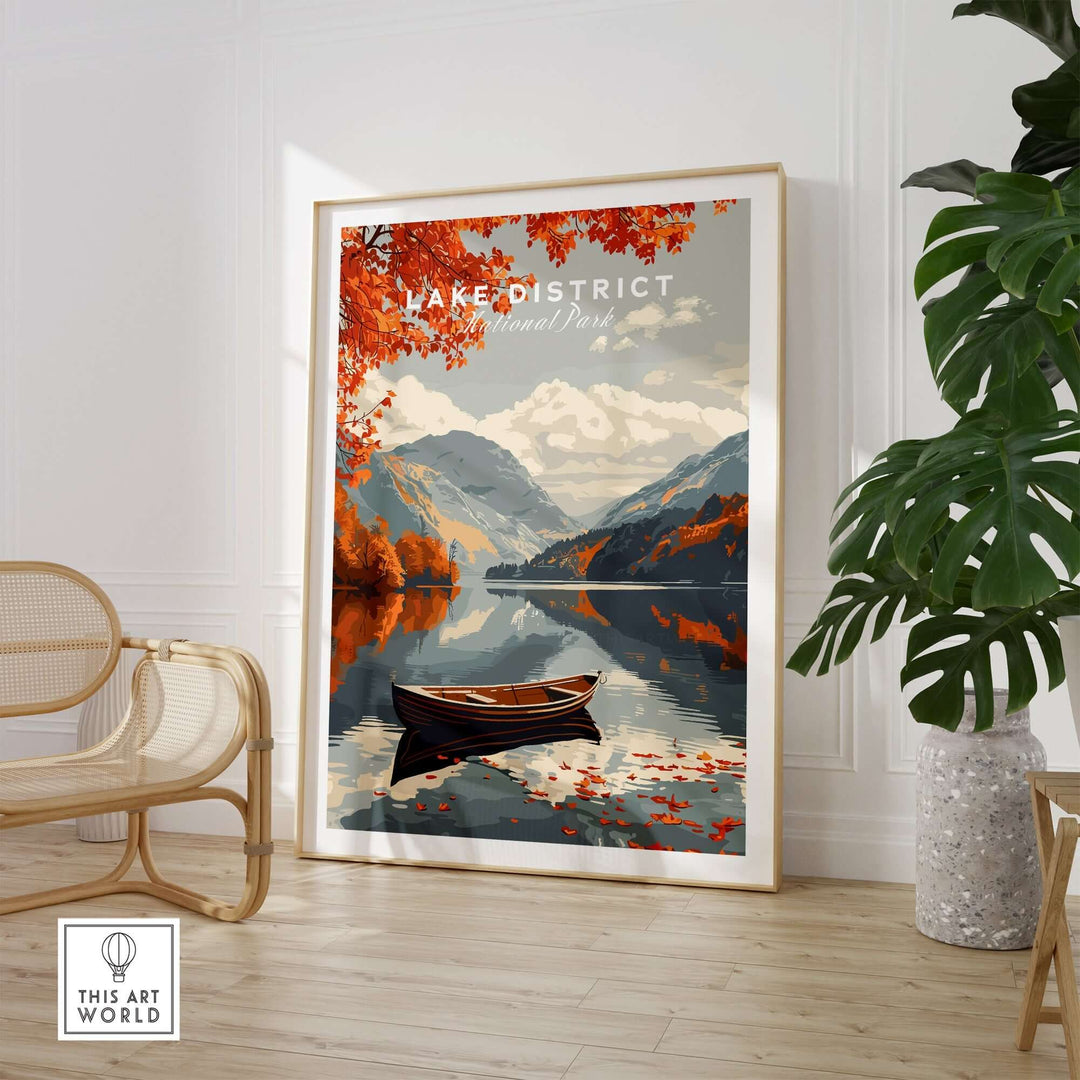 Lake District England travel poster featuring a serene lake and autumn foliage, perfect for nature lovers and adventurers.