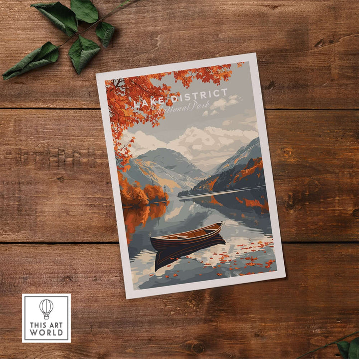 Lake District England travel poster featuring a serene lake and boat surrounded by autumn foliage. Perfect for nature lovers.