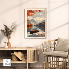 Lake District England Travel Poster featuring a scenic view of a lake and autumn foliage.