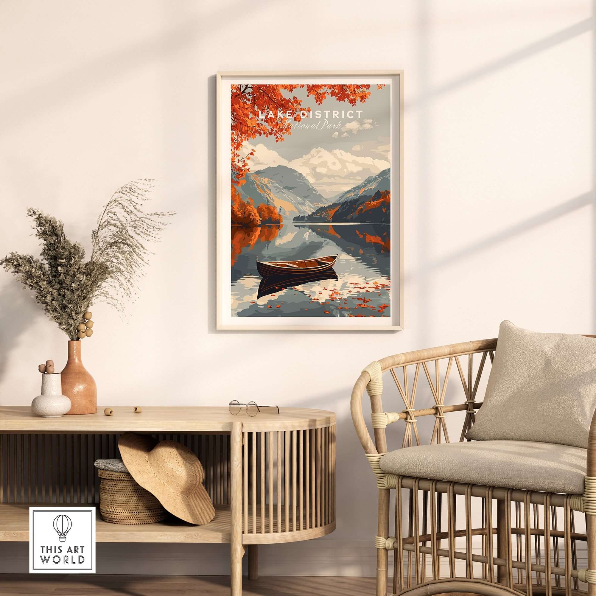 Lake District England Travel Poster featuring a scenic view of a lake and autumn foliage.