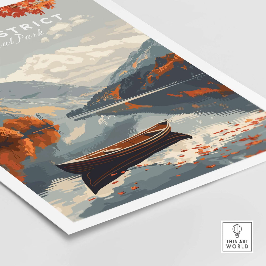 Lake District England travel poster featuring a serene boat on tranquil waters surrounded by autumn foliage.