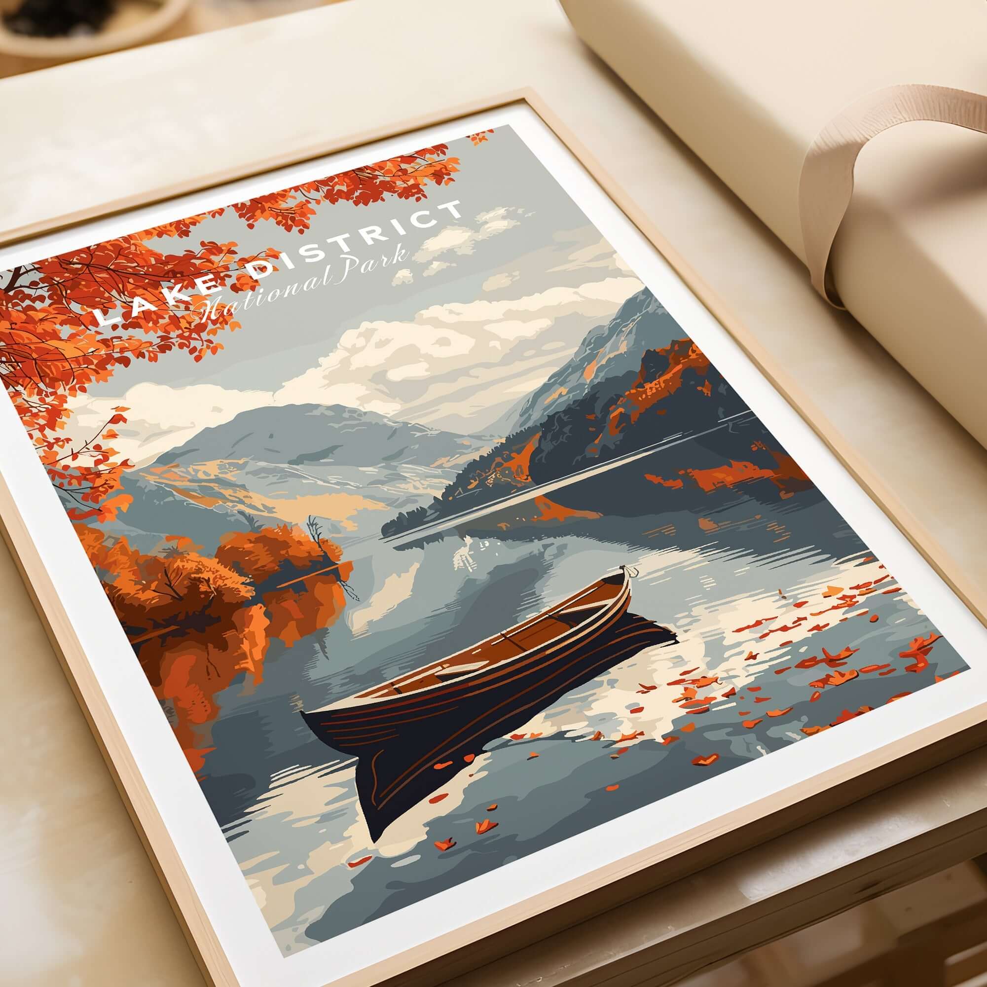 Lake District England Travel Poster showcasing a serene lake, vibrant autumn colors, and a charming boat.