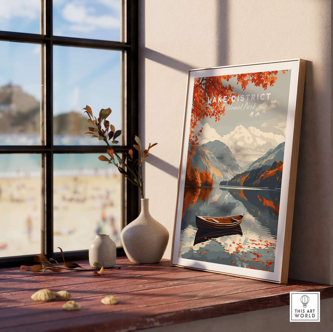 Lake District England travel poster featuring serene lake and mountains in a cozy interior setting. Perfect for nature lovers.