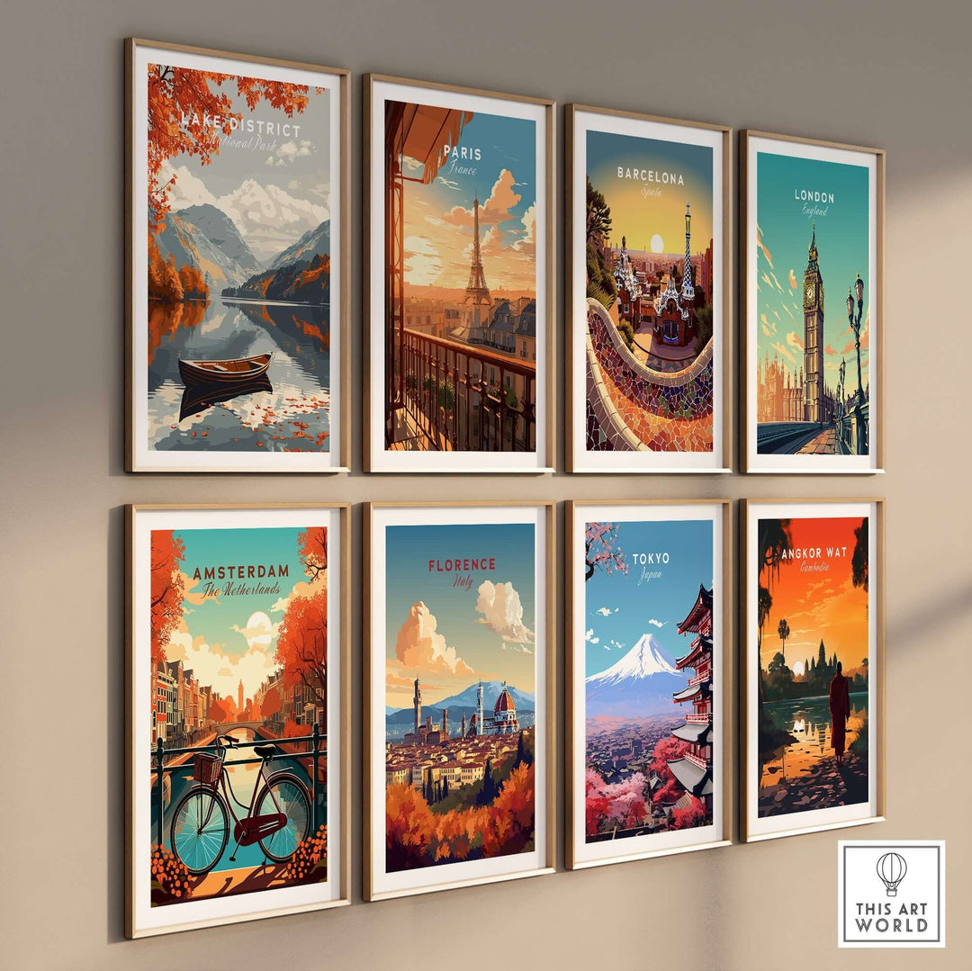 Collection of travel posters featuring Lake District, Paris, Barcelona, London, Amsterdam, Florence, Tokyo, and Angkor Wat.