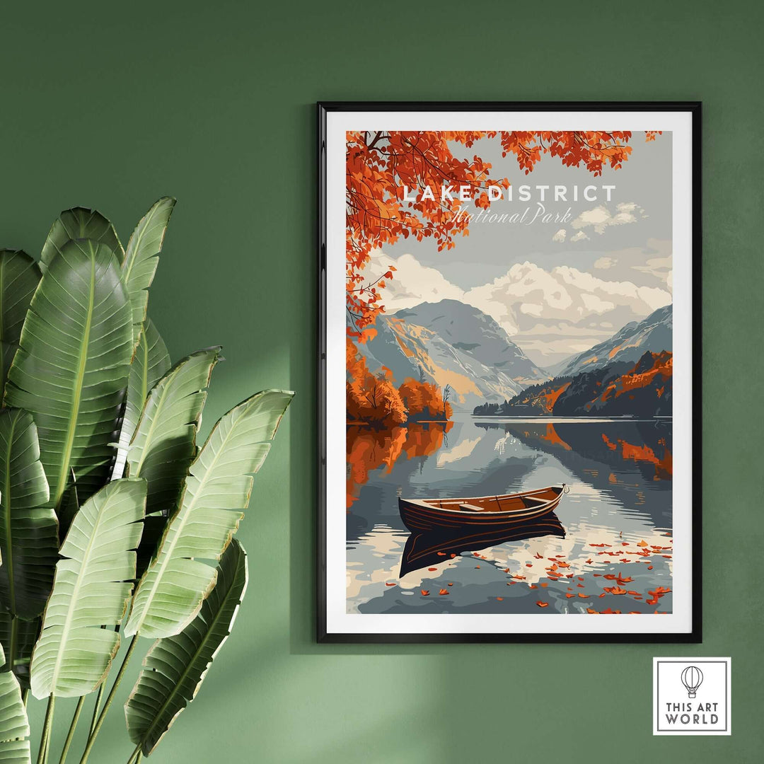 Lake District England travel poster featuring autumn scenery with a tranquil lake and mountains in the background.