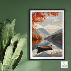Lake District England Travel Poster showcasing tranquil lakes and autumn foliage in a serene landscape.