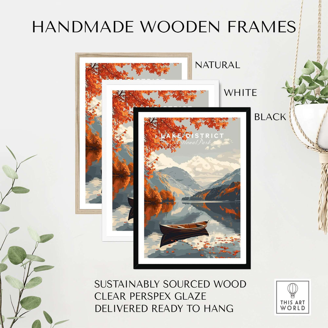 Handmade wooden frames in natural, white, and black for Lake District travel poster, sustainably sourced and ready to hang.