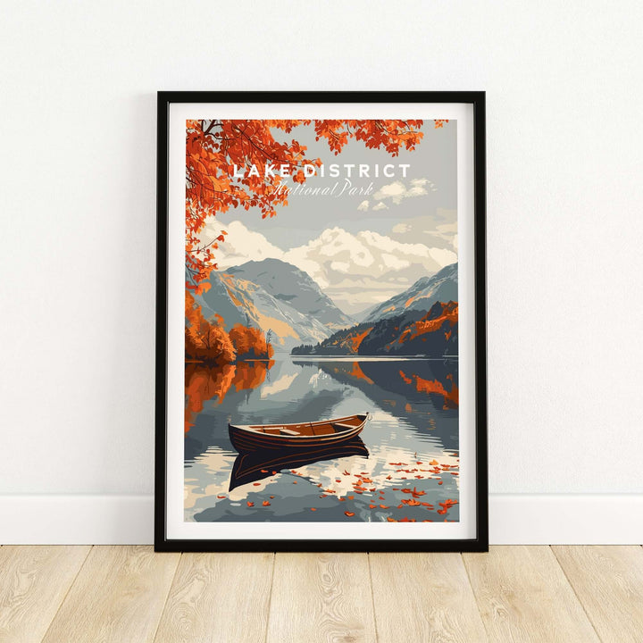 Lake District England travel poster featuring a tranquil scene with a boat on a lake surrounded by autumn foliage.