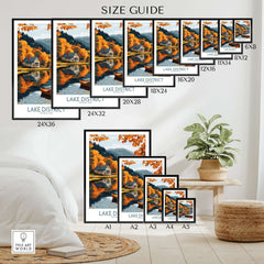 Lake District England Travel Print size guide showing various frame sizes and design options.