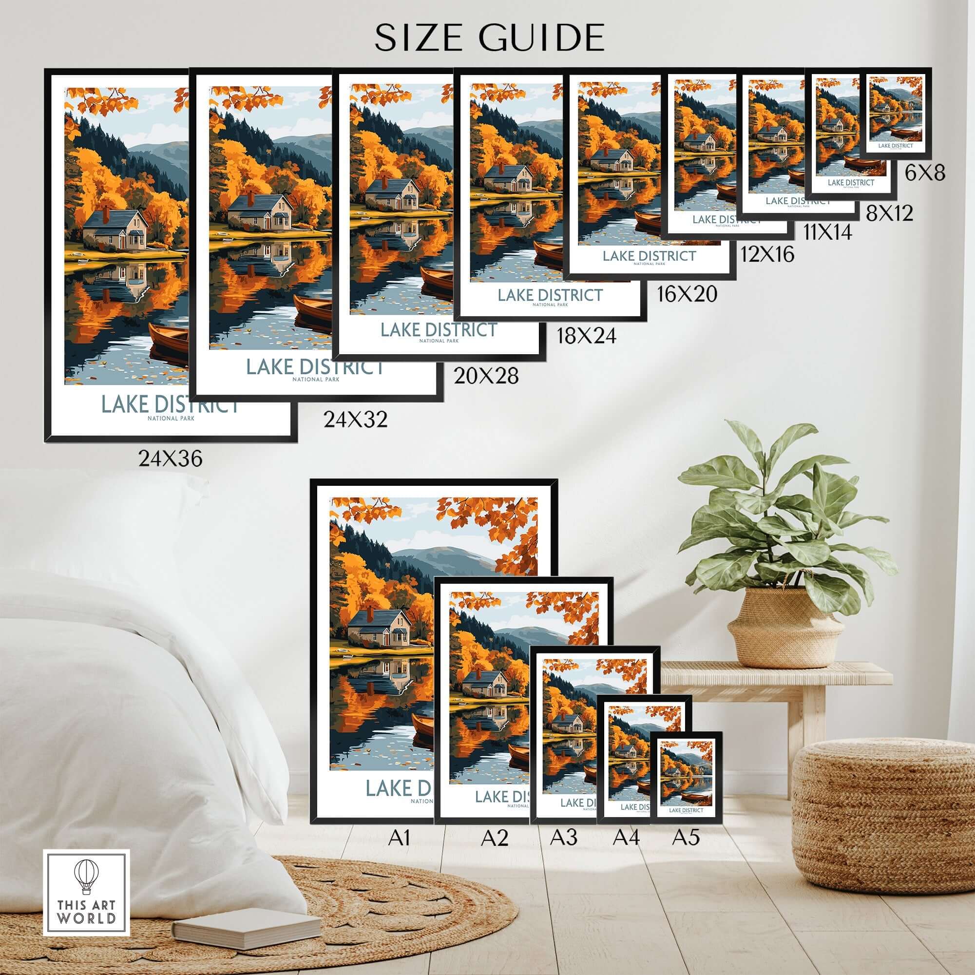 Lake District England Travel Print size guide showing various frame sizes and design options.