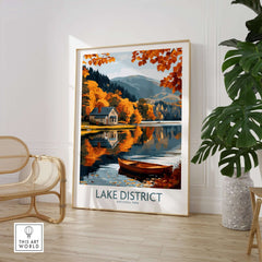 Lake District England Travel Print showcasing vibrant autumn landscapes and serene waters in a stylish living space.