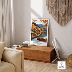 Lake District England Travel Print showcasing autumn landscape and serene lake reflection in home decor.