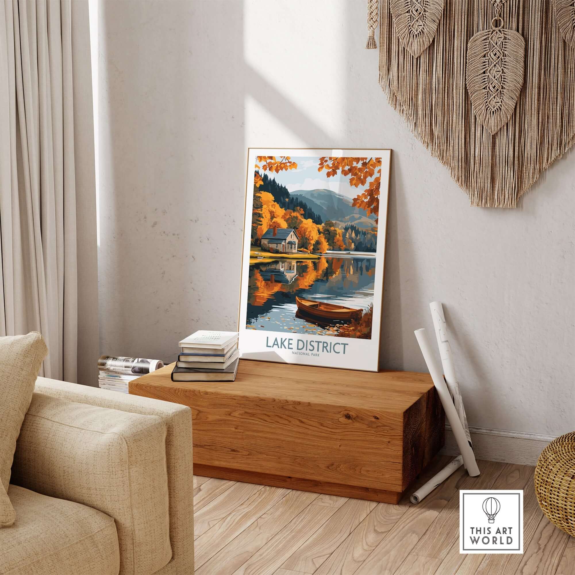 Lake District England Travel Print showcasing autumn landscape and serene lake reflection in home decor.